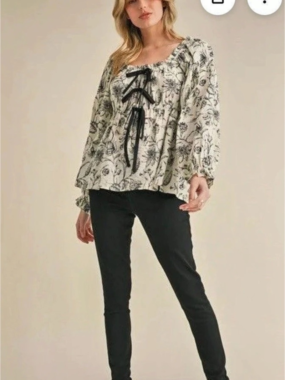 JODIFL Floral Print Baby Doll Top with Bow Ties Floral Blouse in White & Black